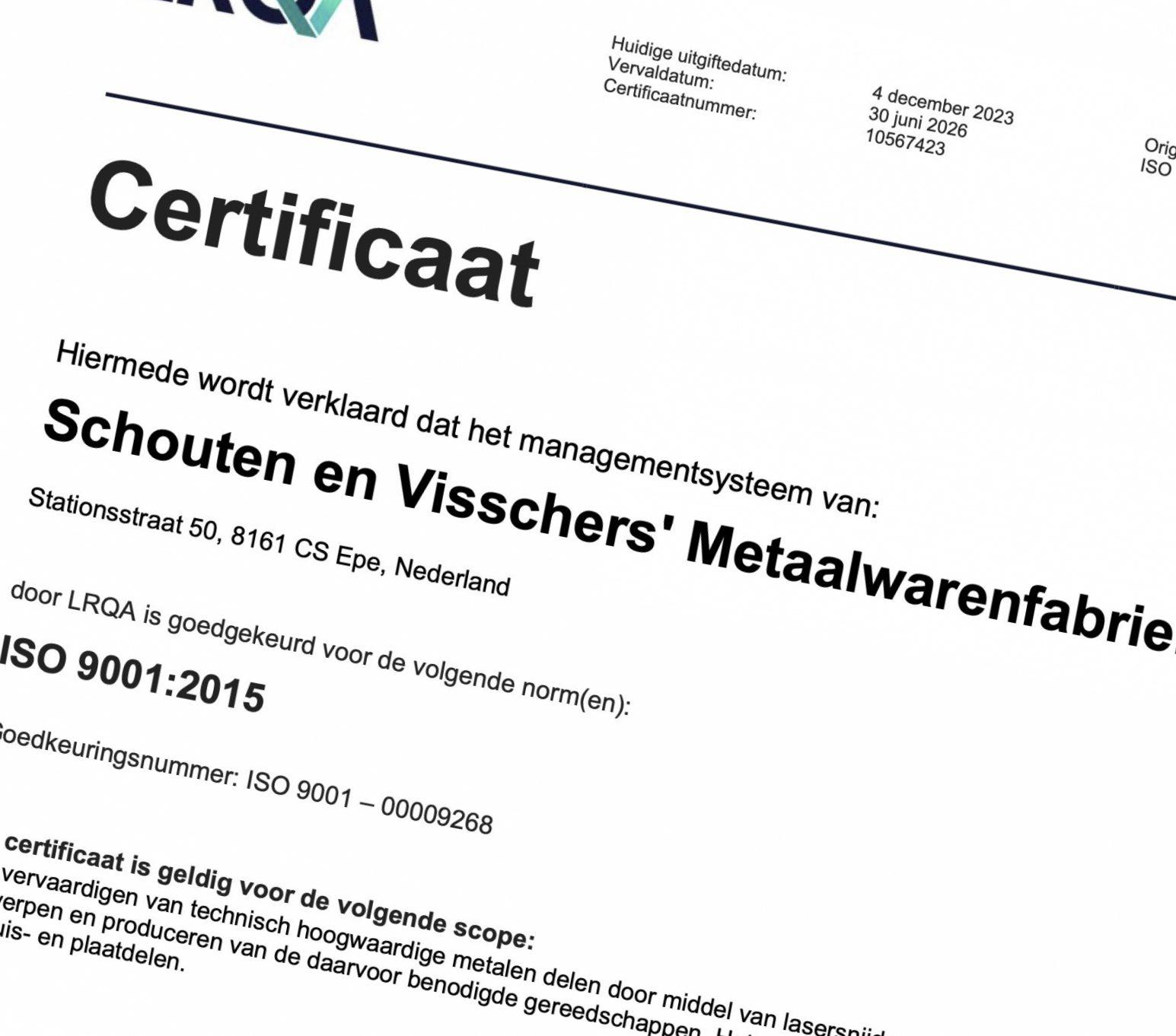 QMS 9001 certificate Schouten en Visschers